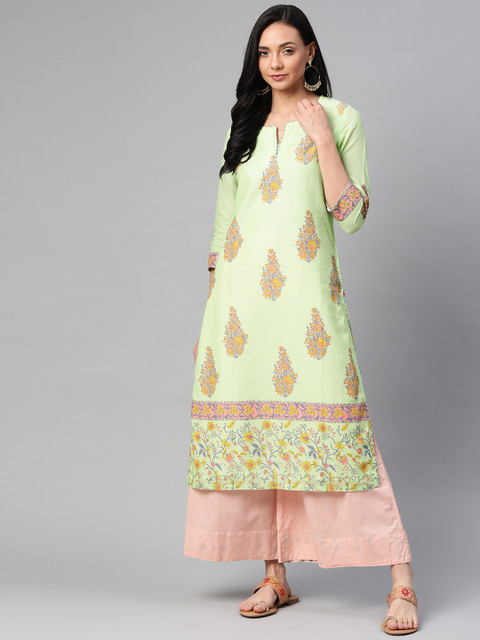 

Biba Women Lime Green & Orange Printed Straight Kurta