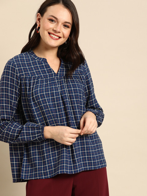 

DressBerry Sustainable ECOVERO Women Navy Blue & Beige Checked Boxy Top