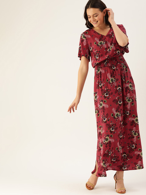 

DressBerry Coral Pink & Black Floral Printed Maxi Sustainable ECOVERO Dress With Smocked Detailing