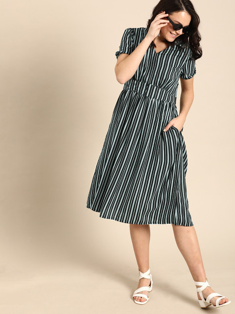 

DressBerry Women Black & White Striped Fit and Flare Dress