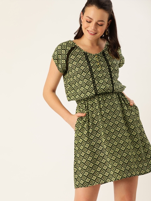 

DressBerry Black & Florescent Green Printed Fit and Flare Sustainable ECOVERO Dress