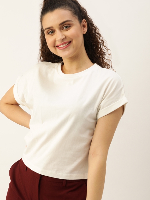 Women White Solid Knitted Boxy Pure Cotton Top