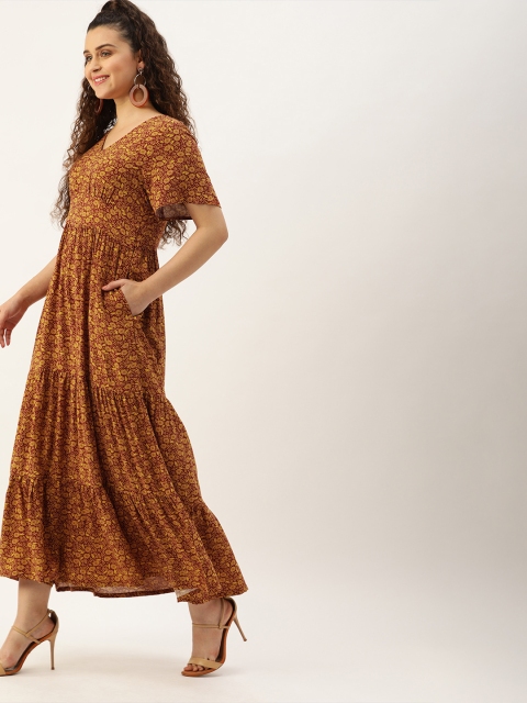 

DressBerry Maroon & Mustard Yellow Floral Printed Maxi Sustainable Dress With Gathered Detail