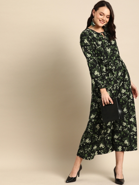 

DressBerry Women Black & Green Floral Printed Fit and Flare Dress