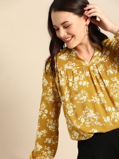 

DressBerry Women Mustard Yellow & Off-White Printed A-Line Sustainable Top