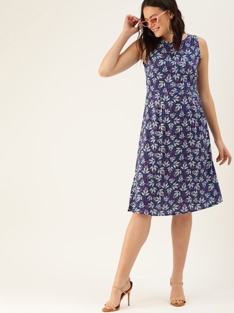 

DressBerry Navy Blue & White Floral Print A-Line Sustainable Dress
