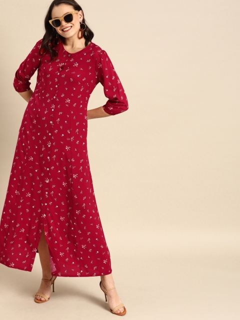 

DressBerry Red & Green Floral Printed Maxi Sustainable Dress