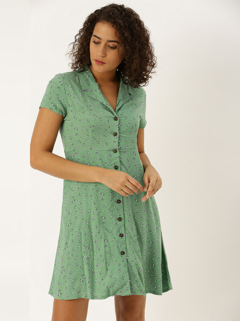 

DressBerry Sea Green & White Printed A-Line Sustainable Dress