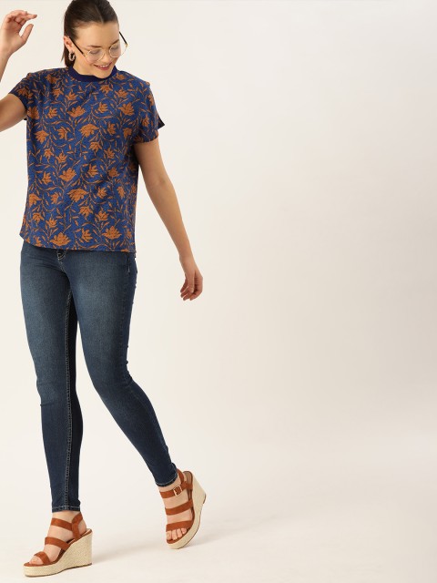 

DressBerry Sustainable ECOVERO Women Navy Blue & Brown Printed Top