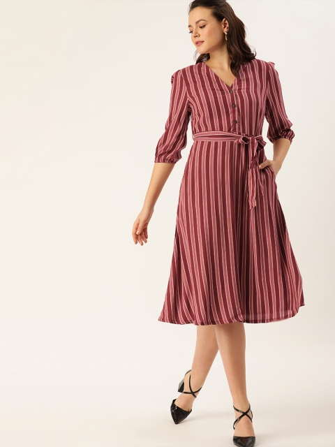 

DressBerry Maroon & Mauve Striped Fit and Flare Sustainable Dress