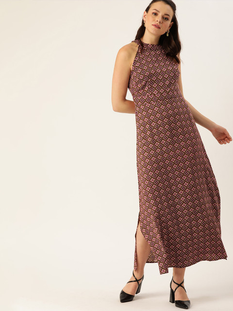 

DressBerry Olive Green & Pink Printed A-Line Sustainable ECOVERO Dress