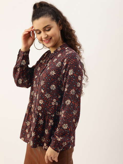 

DressBerry Women Coffee Brown & Red Regular Fit Printed Casual Sustainable ECOVERO Shirt With Gathered Detail