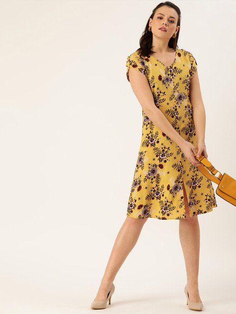 

DressBerry Mustard Yellow & Coffee Brown Floral Print Fit and Flare Sustainable Dress