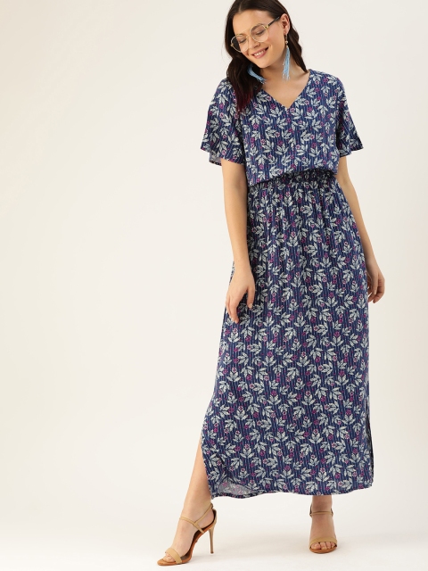 

DressBerry Navy Blue & White Floral Printed Maxi Sustainable Dress With Smocked Detailing