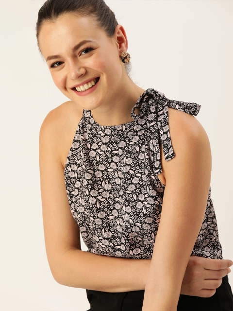 Sustainable ECOVERO Women Black & Pink Floral Print Top