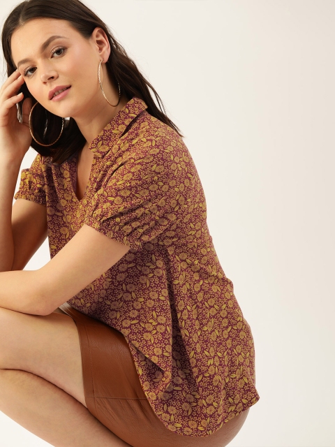 

DressBerry Women Maroon & Mustard Yellow Floral Print A-Line Sustainable Top