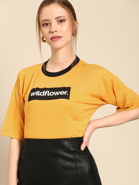 

DressBerry Women Mustard Yellow Printed Round Neck T-shirt