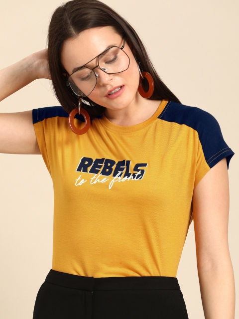 

DressBerry Women Mustard Yellow Printed Round Neck T-shirt