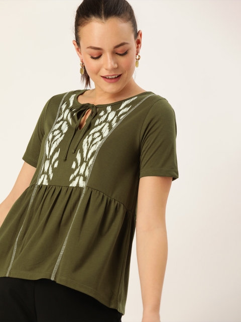 

DressBerry Women Olive Green Printed A-Line Top