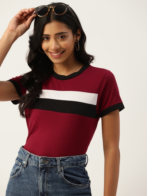 

DressBerry Women Maroon & White Striped Round Neck T-shirt