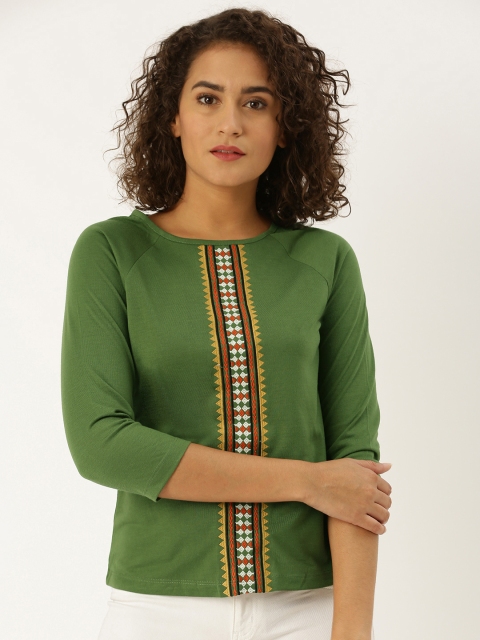 

DressBerry Women Olive Green Embroidered Top