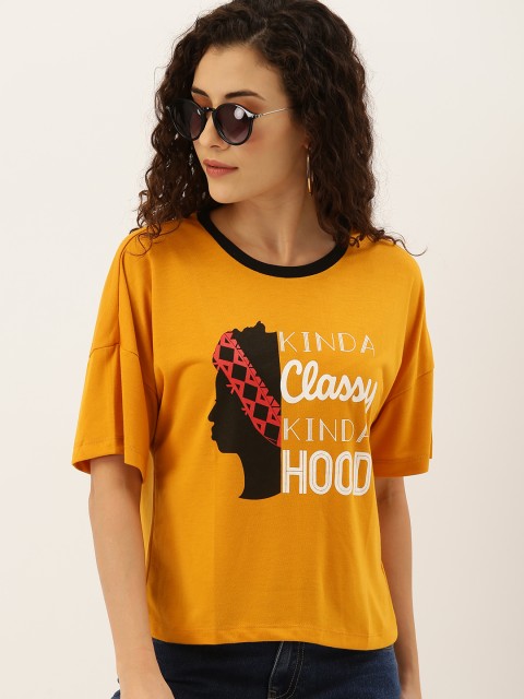 

DressBerry Women Mustard Yellow Printed Round Neck T-shirt