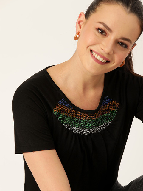 

DressBerry Women Black Solid Top With Embroidered Detailing