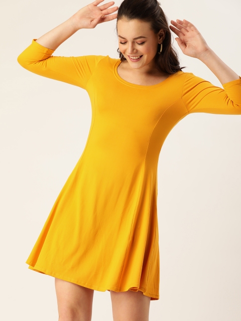 

DressBerry Women Mustard Yellow Solid Fit and Flare Dress