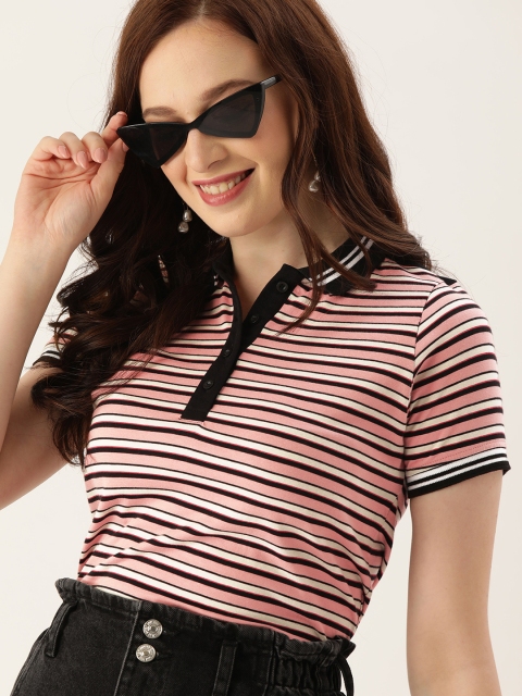

DressBerry Women Pink & White Striped Polo Collar T-shirt