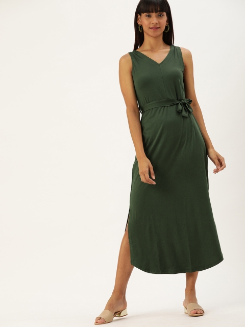 

DressBerry Women Green Solid A-Line Dress with Side Slits