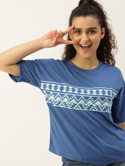 

DressBerry Women Blue Printed Round Neck T-shirt
