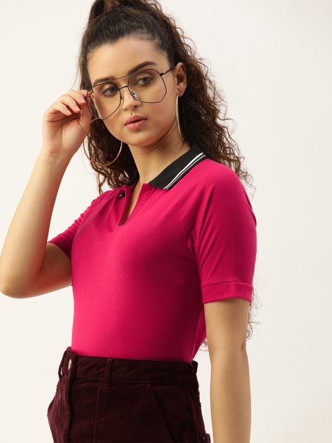 

DressBerry Women Pink Solid Polo Collar T-shirt