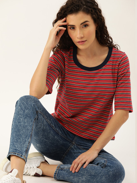 

DressBerry Women Red & Navy Blue Striped Knitted Top