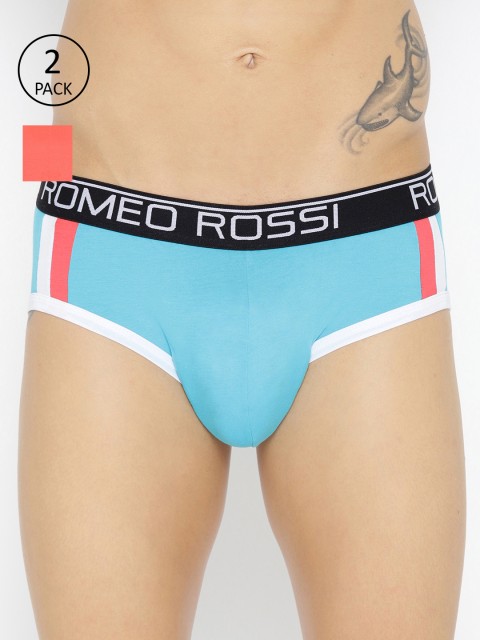 

ROMEO ROSSI Men Blue & Peach-Coloured Pack of 2 Striped Briefs CLBSP-2001-FR-CR, Turquoise blue