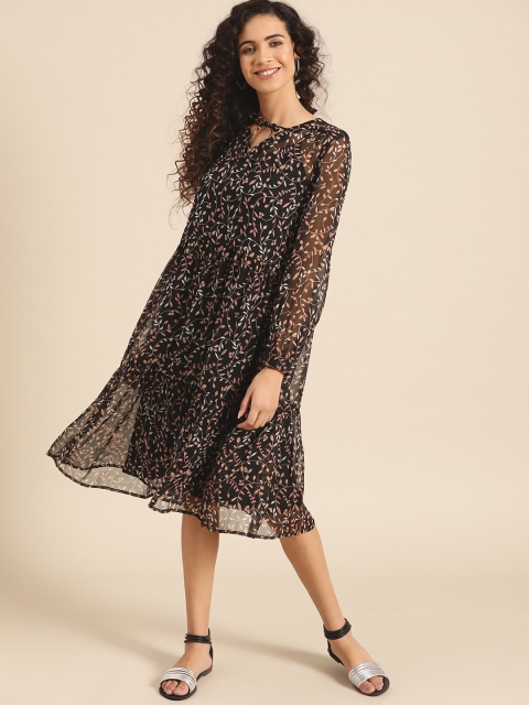 

DressBerry Women Black & Peach-Coloured Floral Print Semi-Sheer A-Line Dress