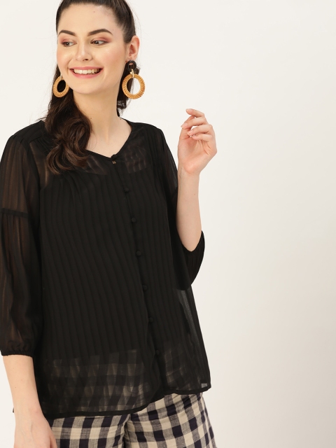 

DressBerry Women Black Striped Sheer Top