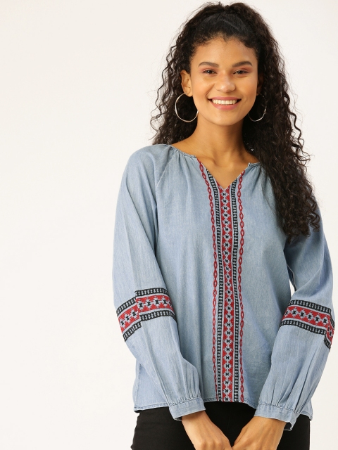

DressBerry Women Blue Embroidered Detail Top