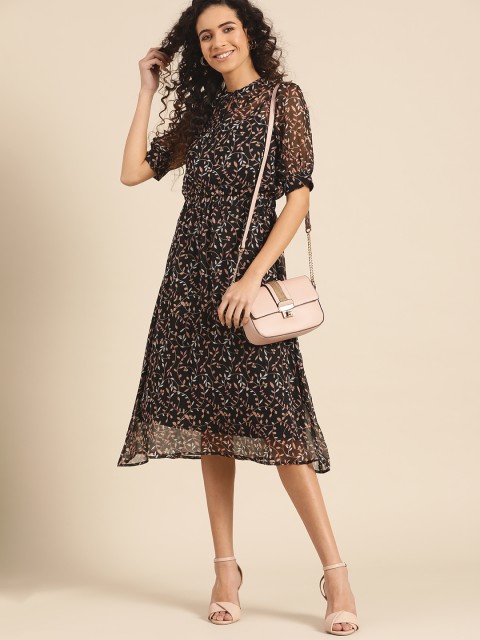 

DressBerry Women Black & Peach-Coloured Printed A-Line Dress
