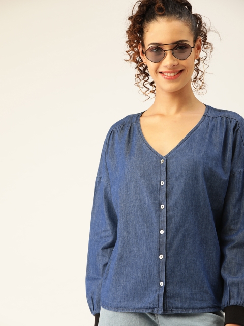 

DressBerry Women Navy Blue Solid Boxy Chambray Pure Cotton Top
