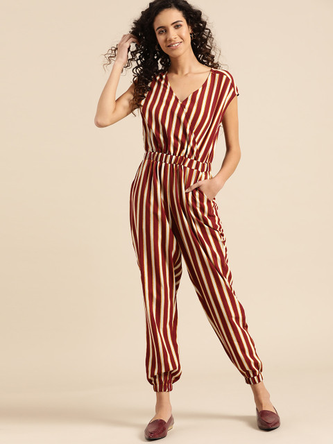 

DressBerry Women Maroon & Off-White Striped Basic Jumpsuit