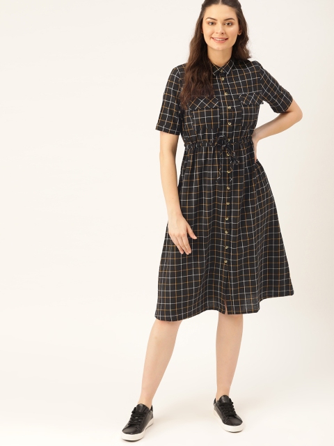 

DressBerry Women Black & Mustard Yellow Checked Midi Shirt Dress
