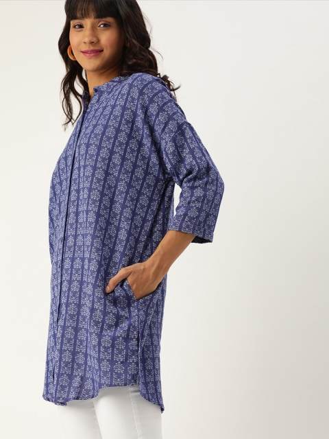 

DressBerry Women Blue & White Regular Fit Self Design Longline Casual Shirt