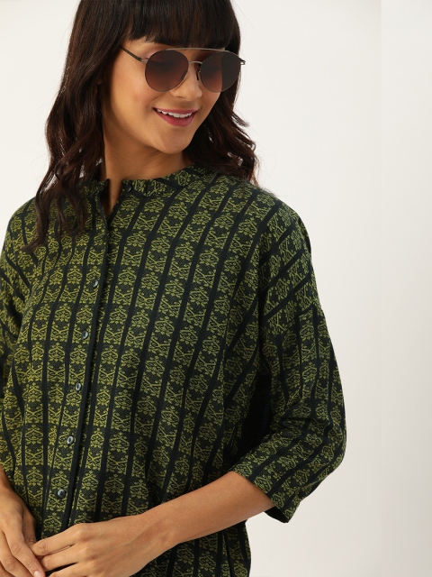 

DressBerry Women Black & Olive Green Regular Fit Self Design Longline Casual Shirt