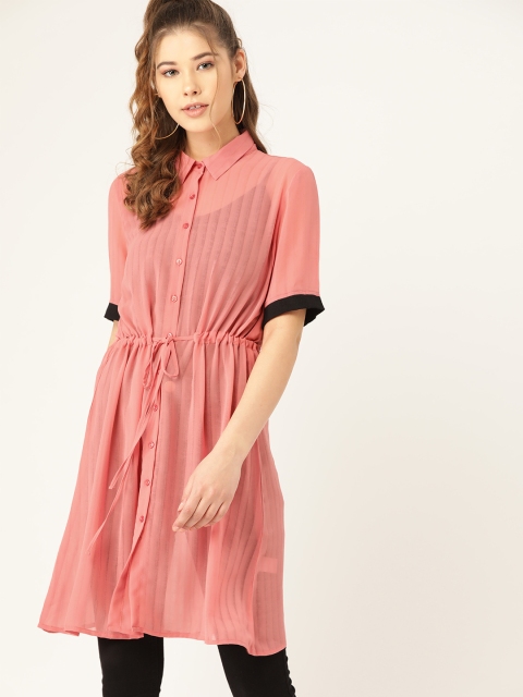 

DressBerry Women Pink Regular Fit Striped Semi Sheer Longline Casual Shirt