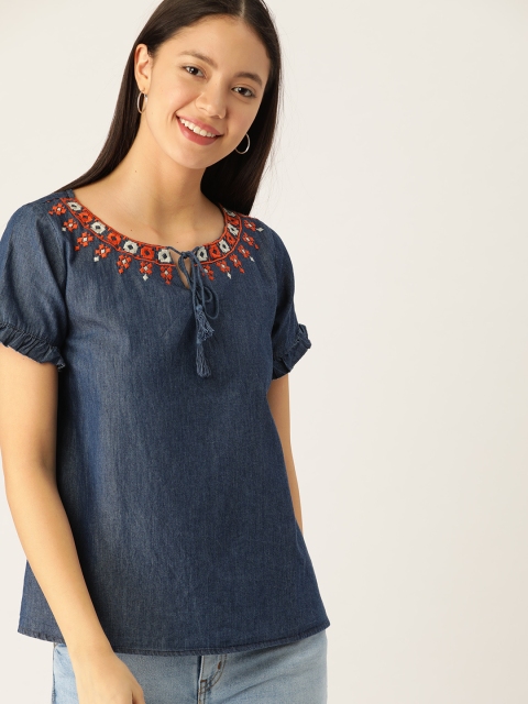 

DressBerry Women Navy Blue Embroidered Detail Chambray Top