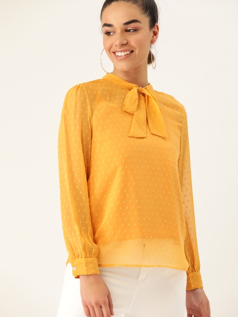 

DressBerry Women Mustard Yellow Semi-Sheer Self-Design Top