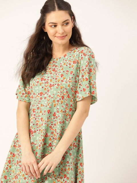 

DressBerry Women Green & Red Printed A-Line Dress