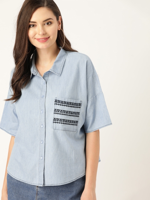 

DressBerry Women Blue Boxy Solid Chambray Casual Shirt