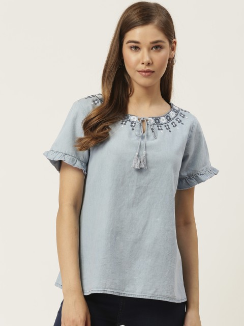 

DressBerry Women Blue Solid Chambray Pure Cotton Top