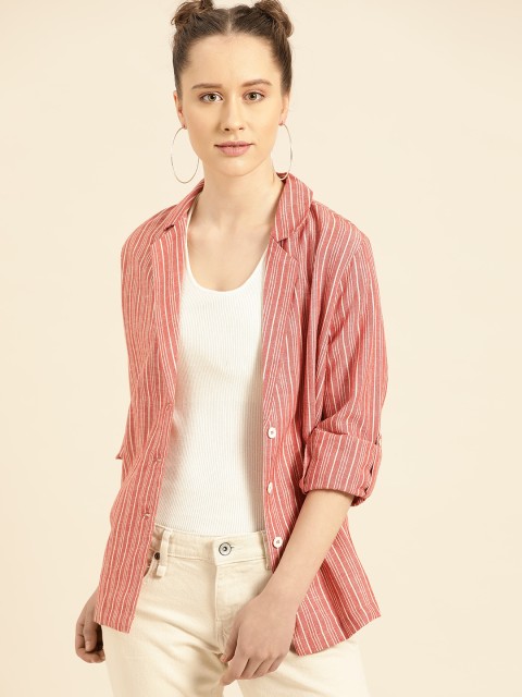 

DressBerry Women Pink & Off-White Striped Tailored Jacket